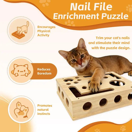 Cat Scratch Puzzle Enrichment Box Nail File Stress Free Alternative to Clippers and Grinders Durable Oak Wood Design for All Cat Ages Cat Play Toys