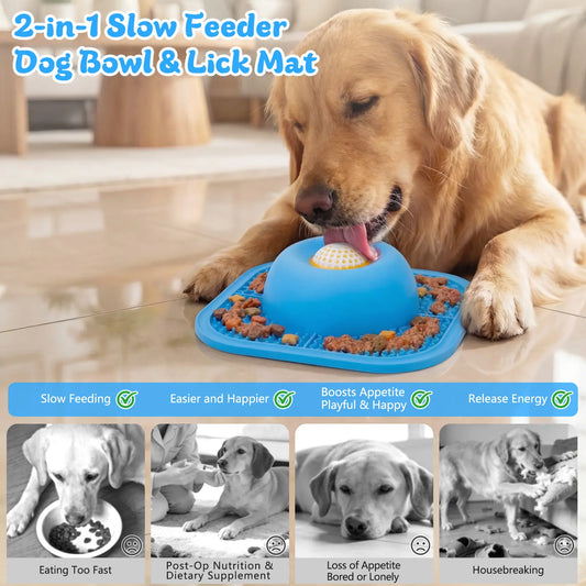 Slow Feeder Dog Bowl, Silicone Pet Feeder Bowl & Dog Bowl Platter, Non-Slip Lick Mat for Dogs, Puppies and Cats, Interactive Anti-Gulp Feeding Bowl for Wet Food, Treats, Yogurt and Peanut Butter