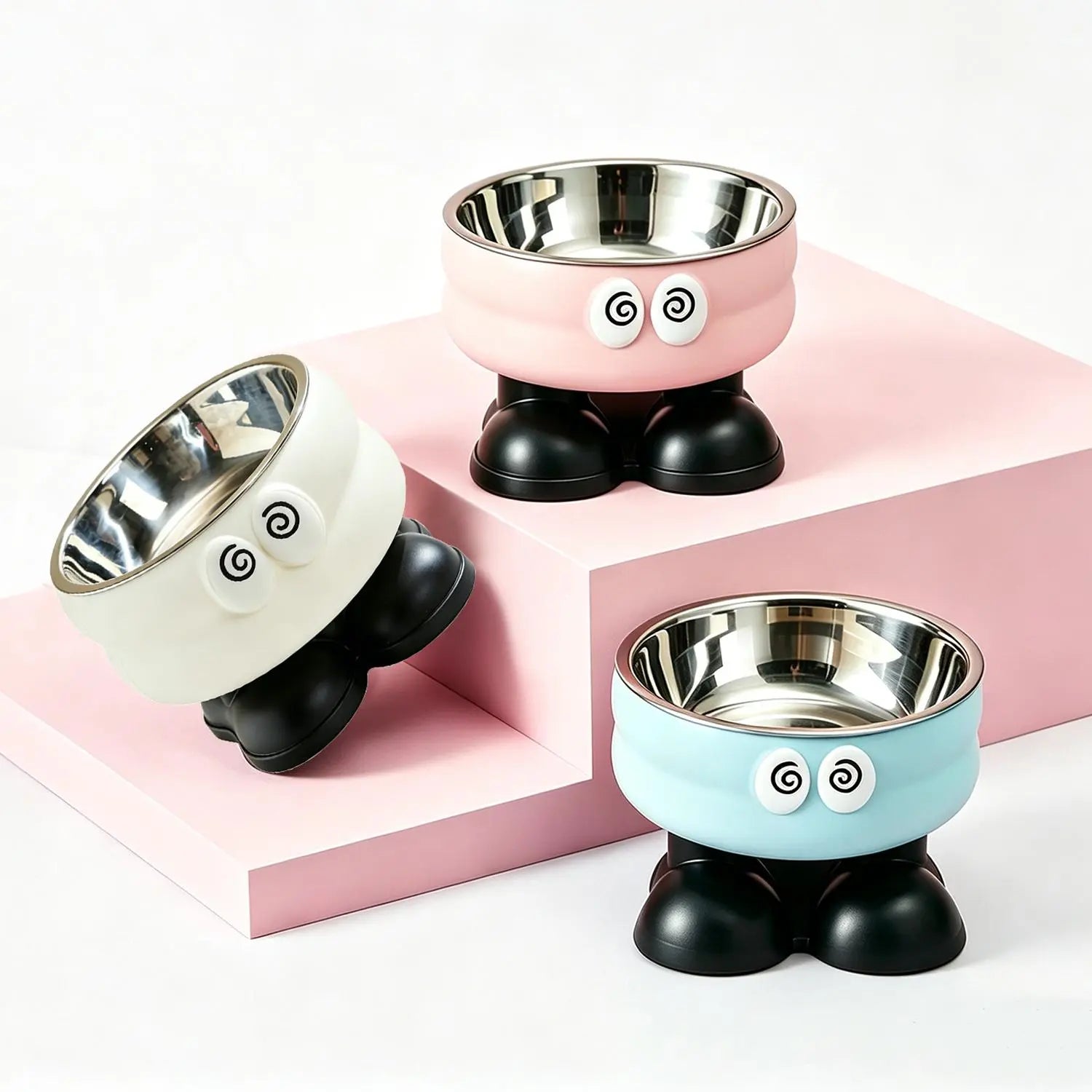 （Gifts Ship Separately）Elevated Pet Bowl with Cute Big Eyes, Detachable Stainless Steel Raised Feeding Dish, Pet Food Water Bowl with Feet, Neck Protector Feeder for Dogs Cats