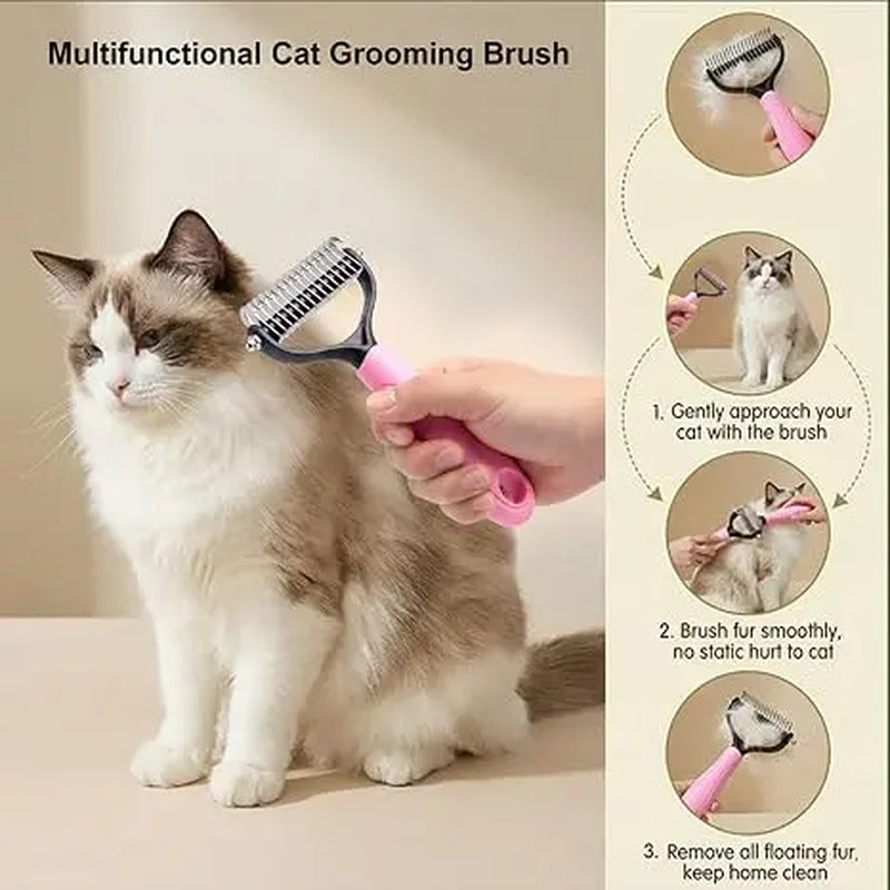 Pet Detangling Comb, Double-Sided Grooming Brush for Dogs & Cats, One-Click Clean Undercoat Rake for Shedding Mats