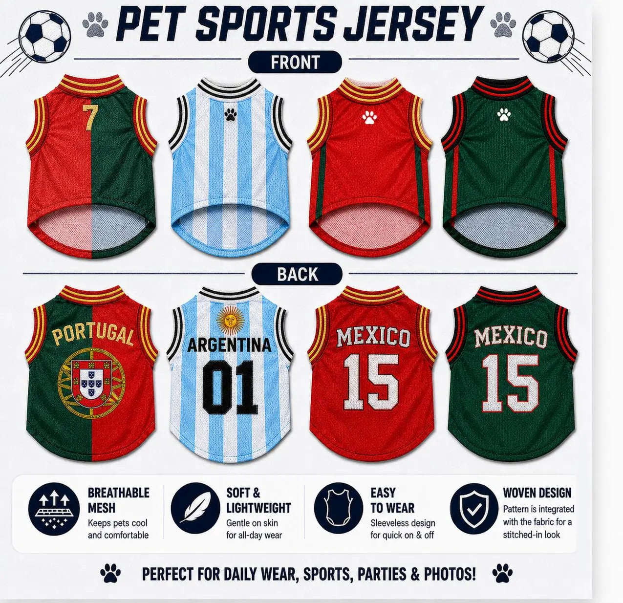 Pet Sports Jersey Shirt for Dogs and Cats, Lightweight Breathable Sleeveless Mesh Puppy Vest, Cute Soccer Style Pet Outfit for Small Medium Pets, Parties, Photos, Walks and Game Day
