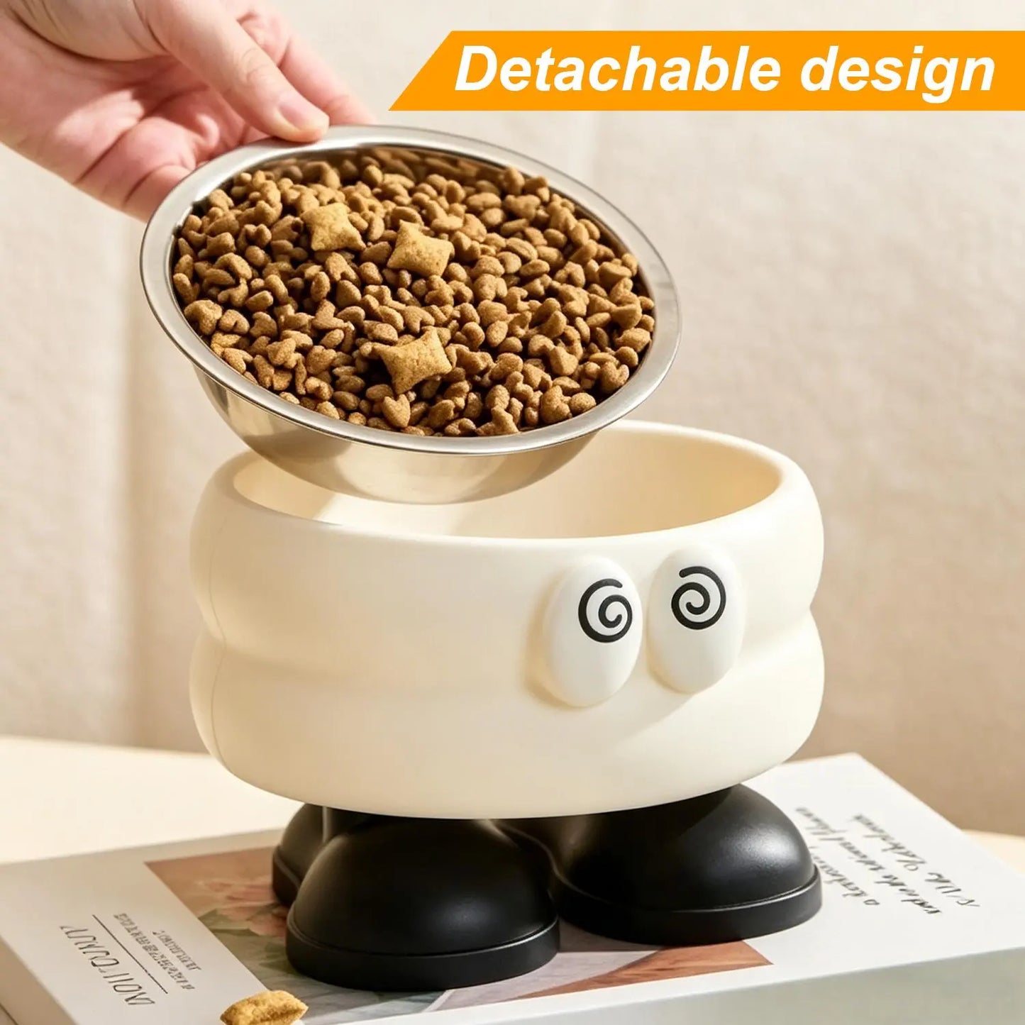 （Gifts Ship Separately）Elevated Pet Bowl with Cute Big Eyes, Detachable Stainless Steel Raised Feeding Dish, Pet Food Water Bowl with Feet, Neck Protector Feeder for Dogs Cats