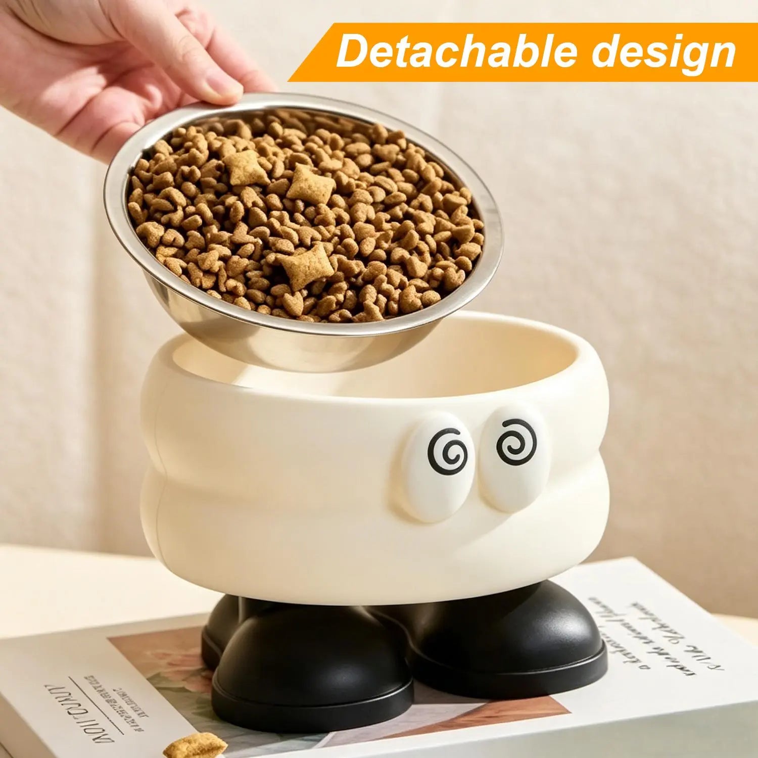 （Gifts Ship Separately）Elevated Pet Bowl with Cute Big Eyes, Detachable Stainless Steel Raised Feeding Dish, Pet Food Water Bowl with Feet, Neck Protector Feeder for Dogs Cats