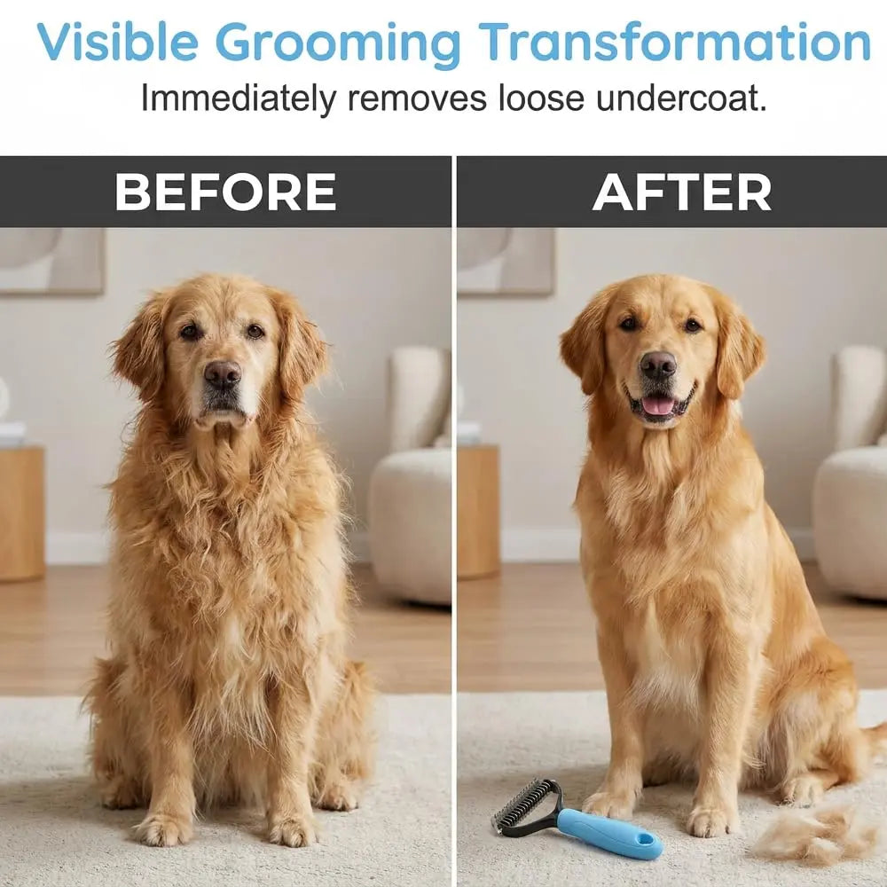 Pet Detangling Comb, Double-Sided Grooming Brush for Dogs & Cats, One-Click Clean Undercoat Rake for Shedding Mats
